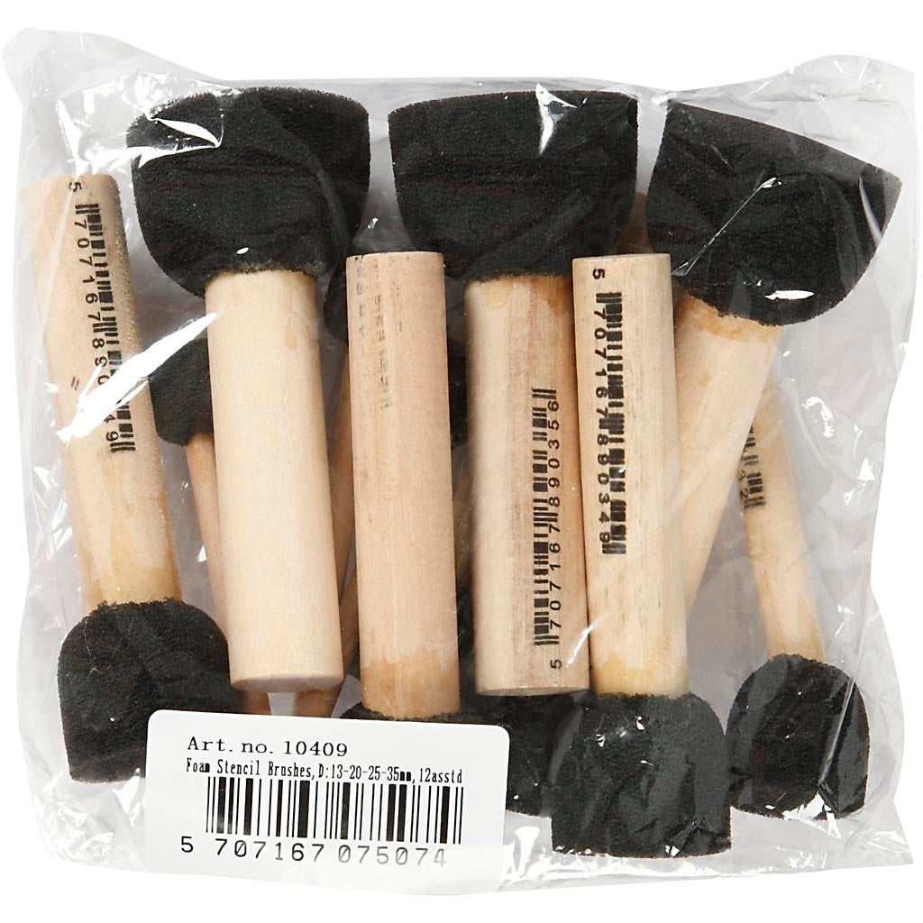 Foam Stencil Brushes, L: 9-10 cm, dia. 13+20+25+35 mm, 12 pc