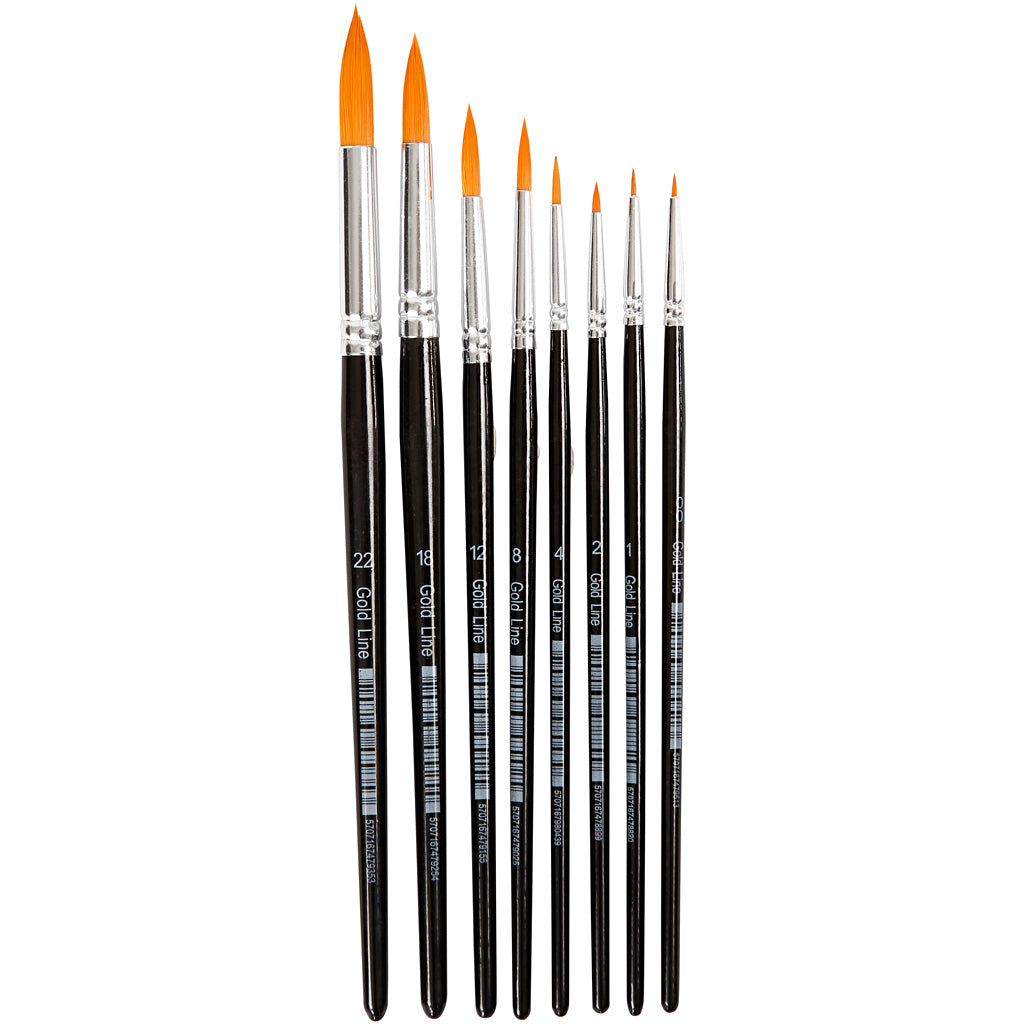 Nylon Brushes, no. 0+1+2+4+8+12+18+22, L: 16,5-21 cm, W: 1-8 mm, round, 8 pc