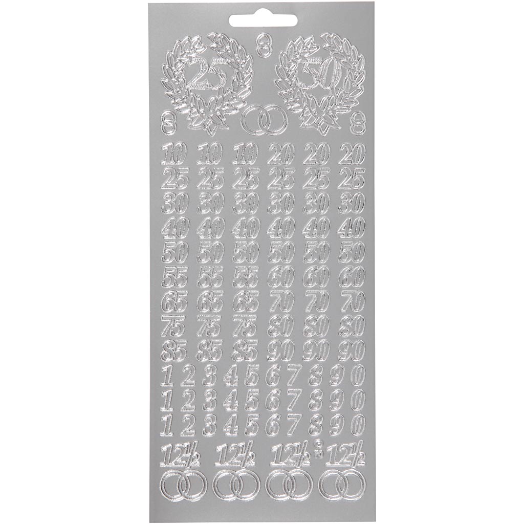Stickers, jubilee numbers, sheet 10x23 cm, silver, 1 sheet