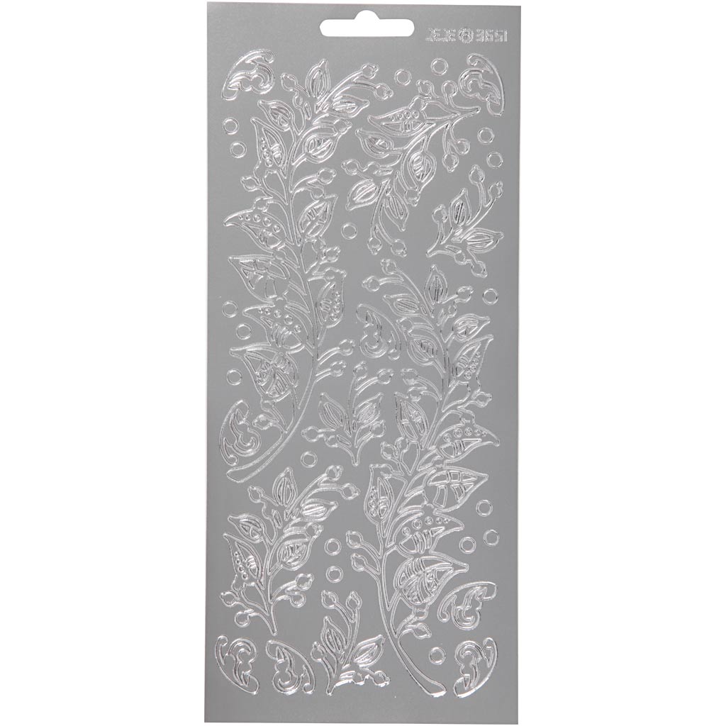 Stickers, leaves, sheet 10x23 cm, silver, 1 sheet