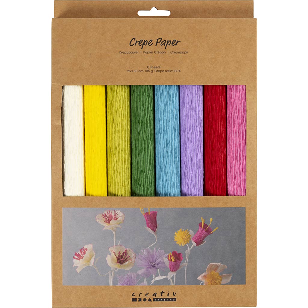 Crepe Paper, sheet 25x60 cm, Crêpe ratio: 180%, 105 g, standard colours, 8 sheet