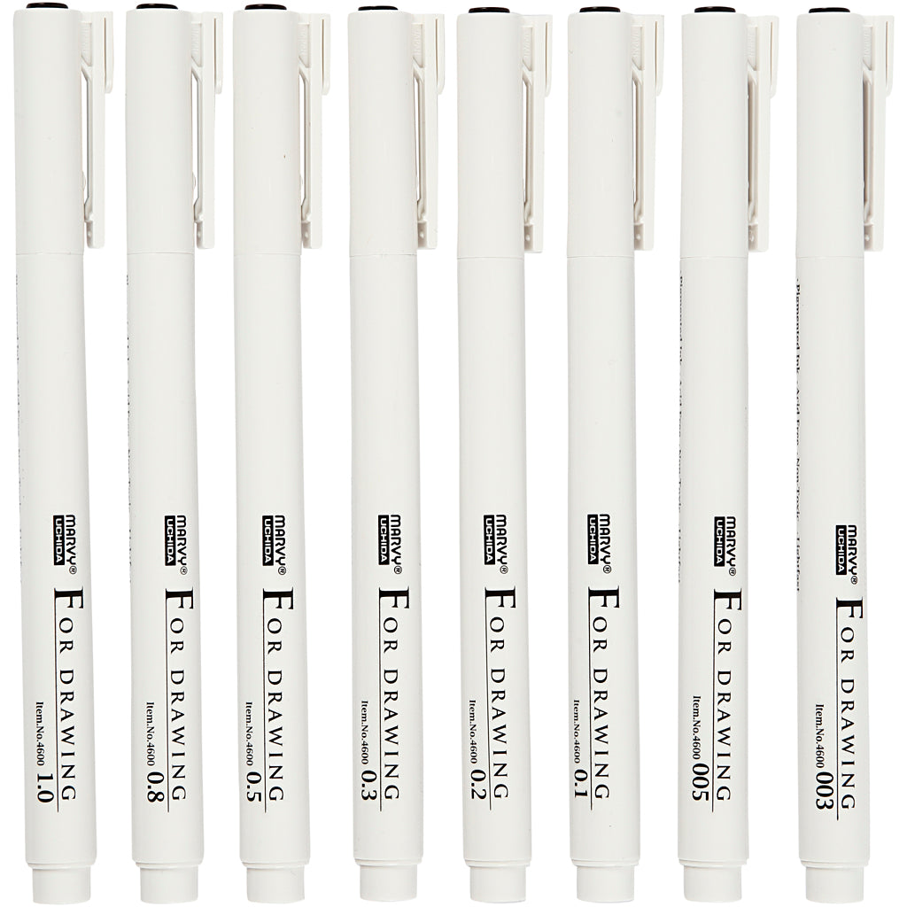 Fine Line Drawing Markers, line 0,03+0,05+0,1+0,2+0,3+0,5+0,8+1,0 mm, black, 8 pc