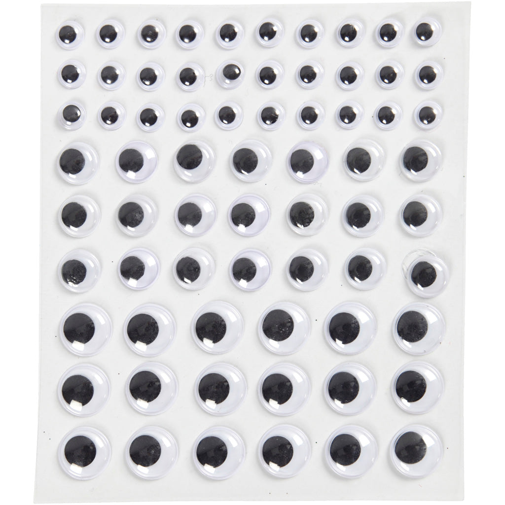 Wiggly Eyes, self-adhesive, dia. 8+12+14 mm, white, 69 pc, 1 sheet