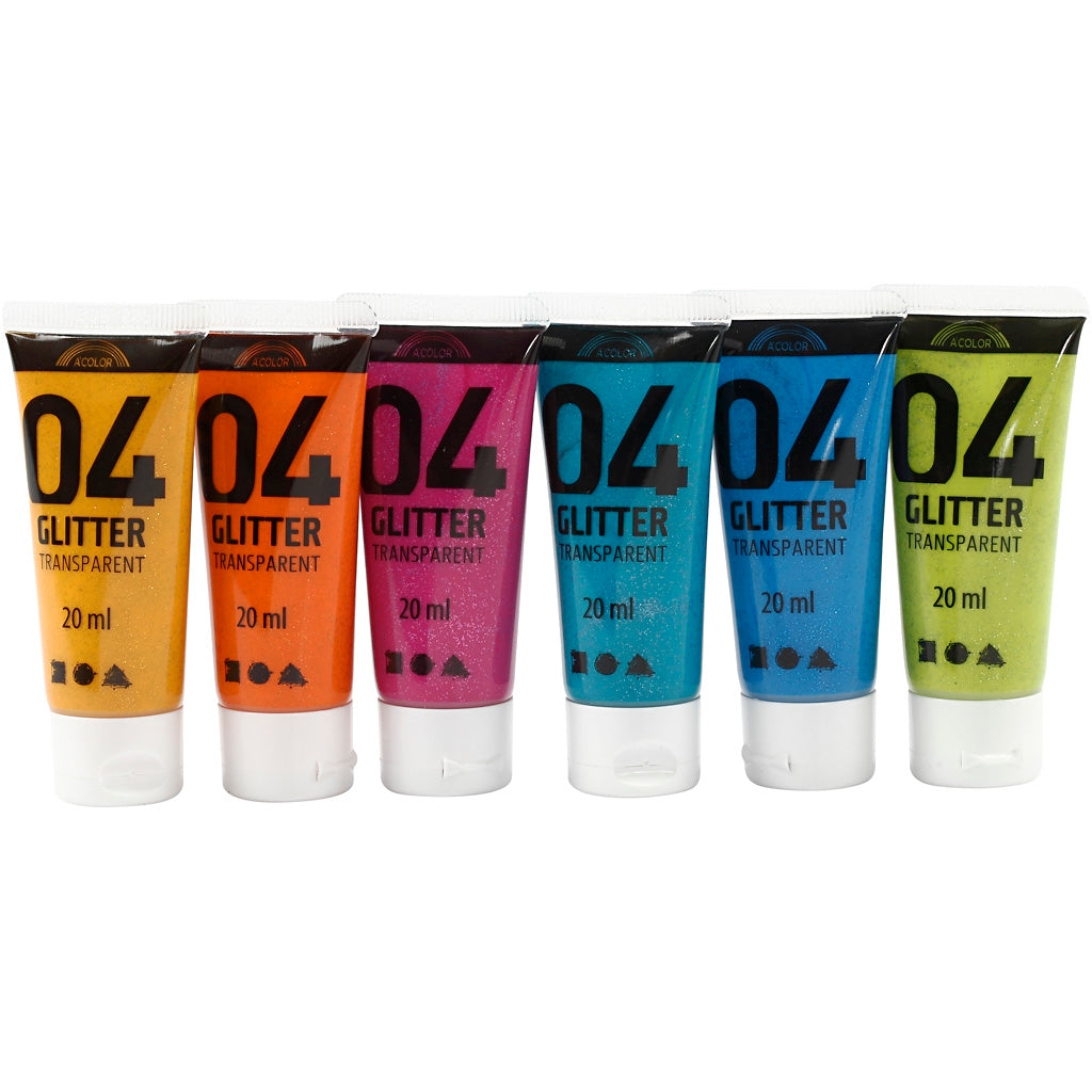 Glitter Acrylic Paint, assorted colours, 6x20 ml