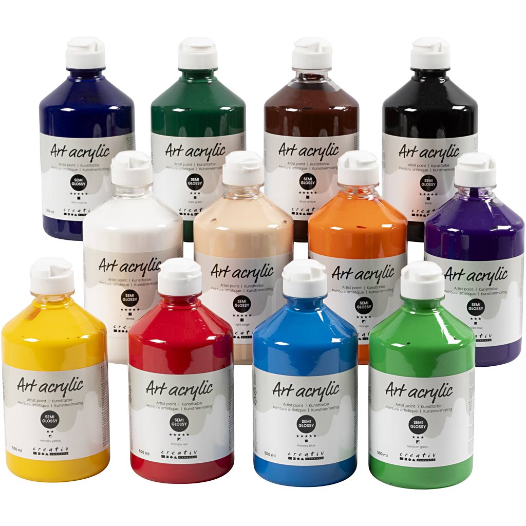 Art Acrylic, semi-glossy, standard colours, 12x500 ml