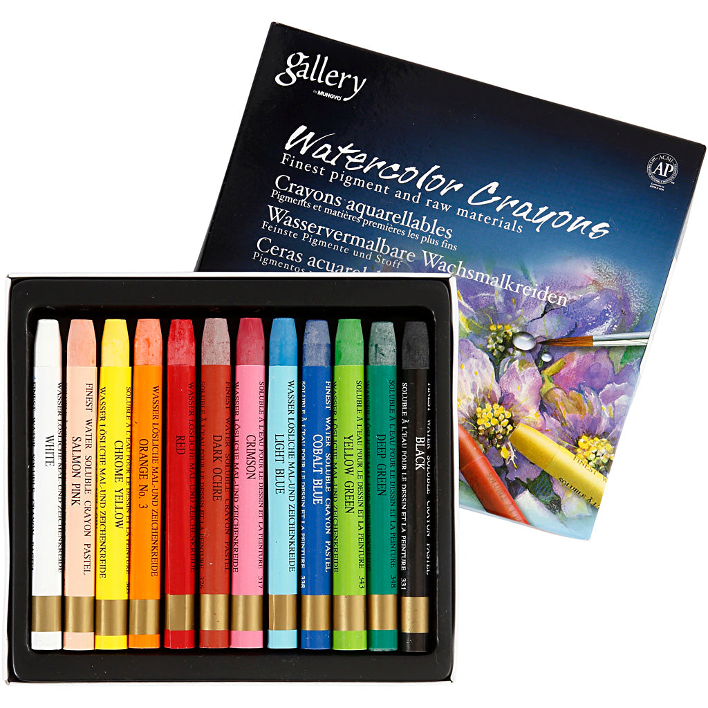 Watercolor Crayons, L: 9,3 cm, assorted colours, 12 pc