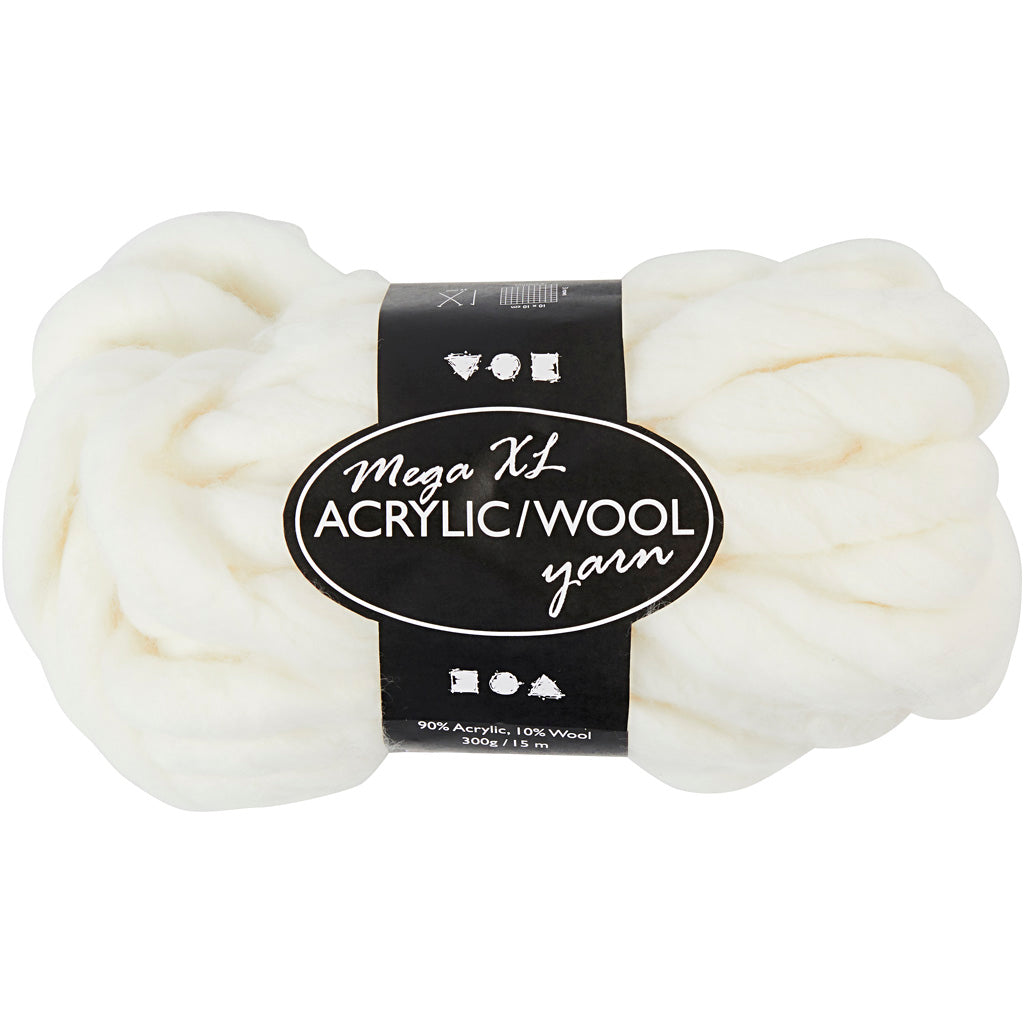 Chunky Yarn of Acrylic/Wool, L: 15 M, size mega, off-white, 300 g/ 1 ball