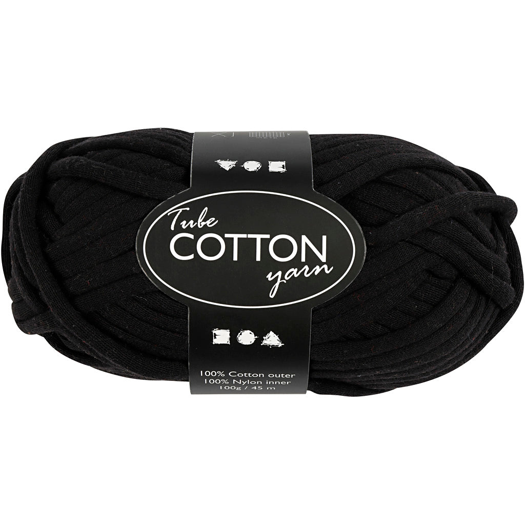 Cotton Tube Yarn, L: 45 M, needle 10-12, black, 100 g/ 1 ball