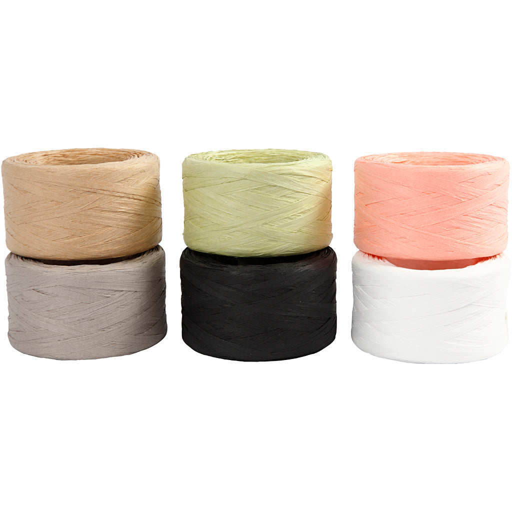 Paper Raffia Yarn, W: 7-8 mm, assorted colours, 6x100 m