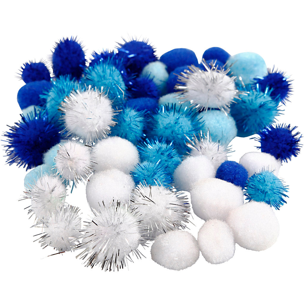 Pom poms, dia. 15+20 mm, assorted colours, 48 asstd.