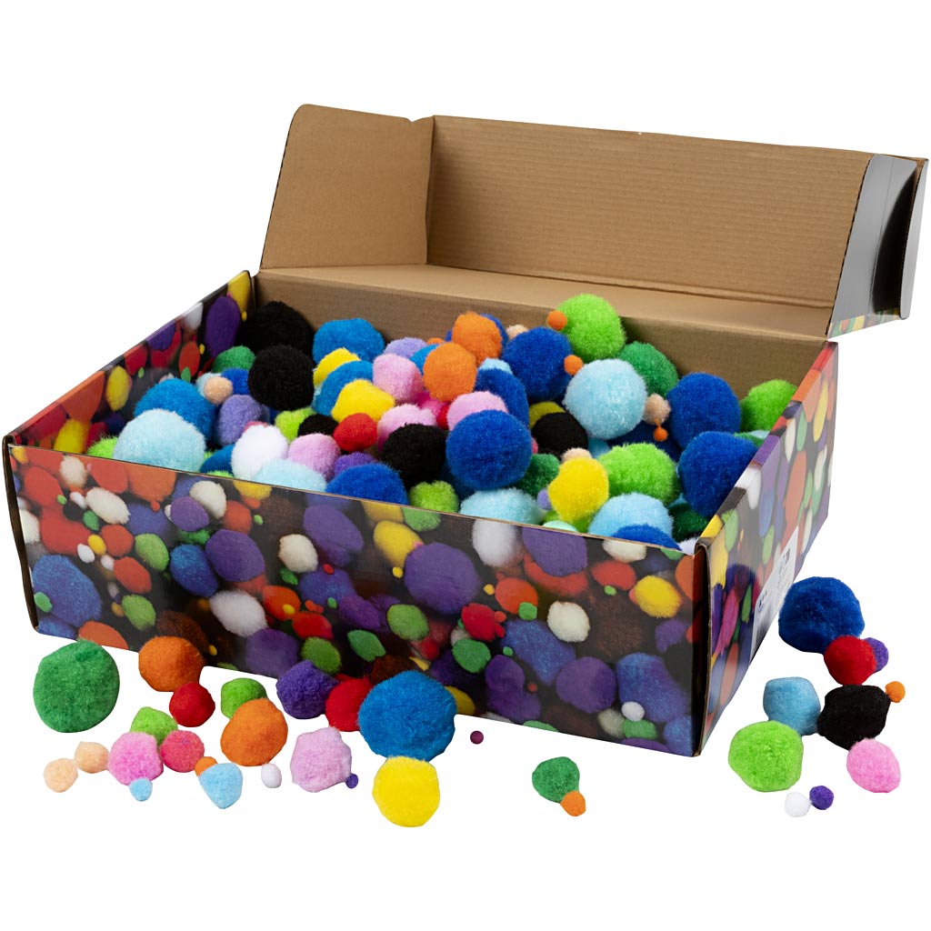 Pom poms, dia. 5-40 mm, ca. 720 pc, assorted colours, 200 g