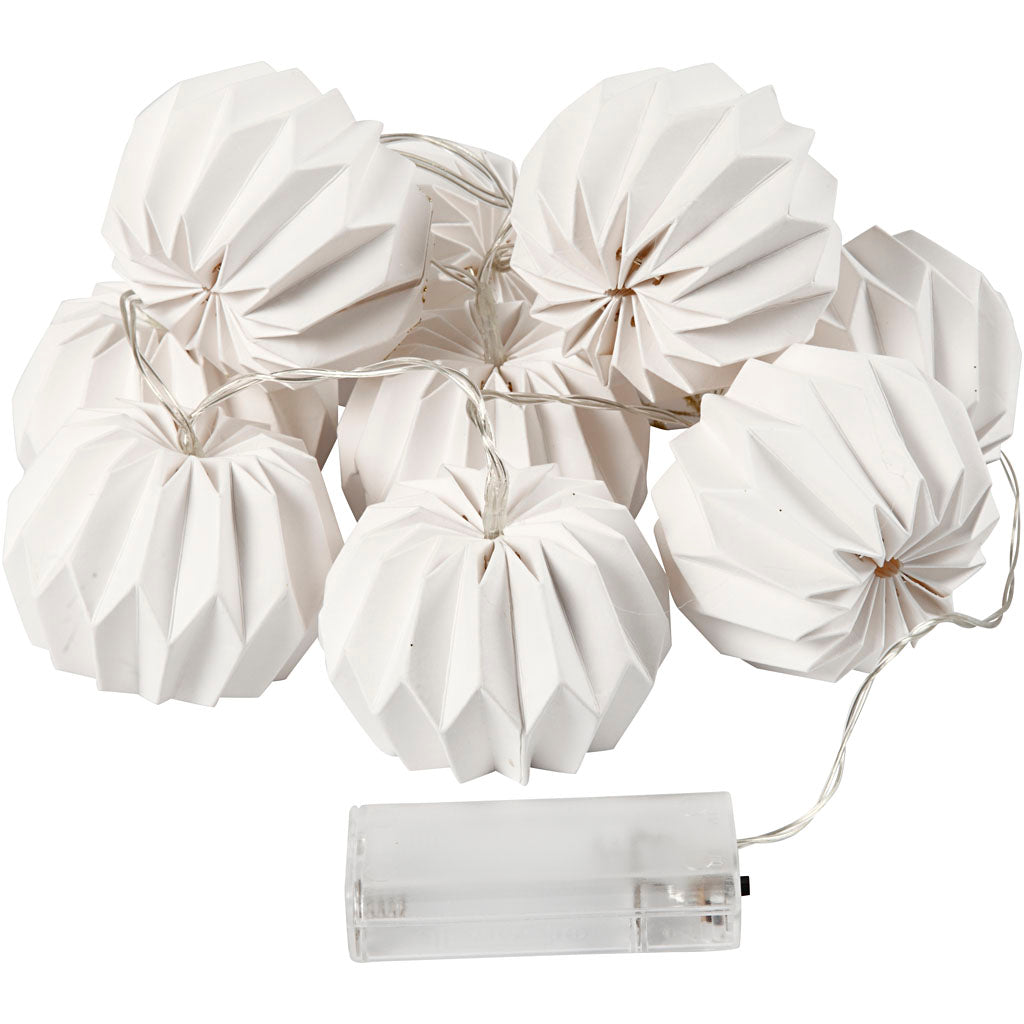 LED Light String with Lampshades, round, H: 55 mm, L: 100 cm, dia. 75 mm, white