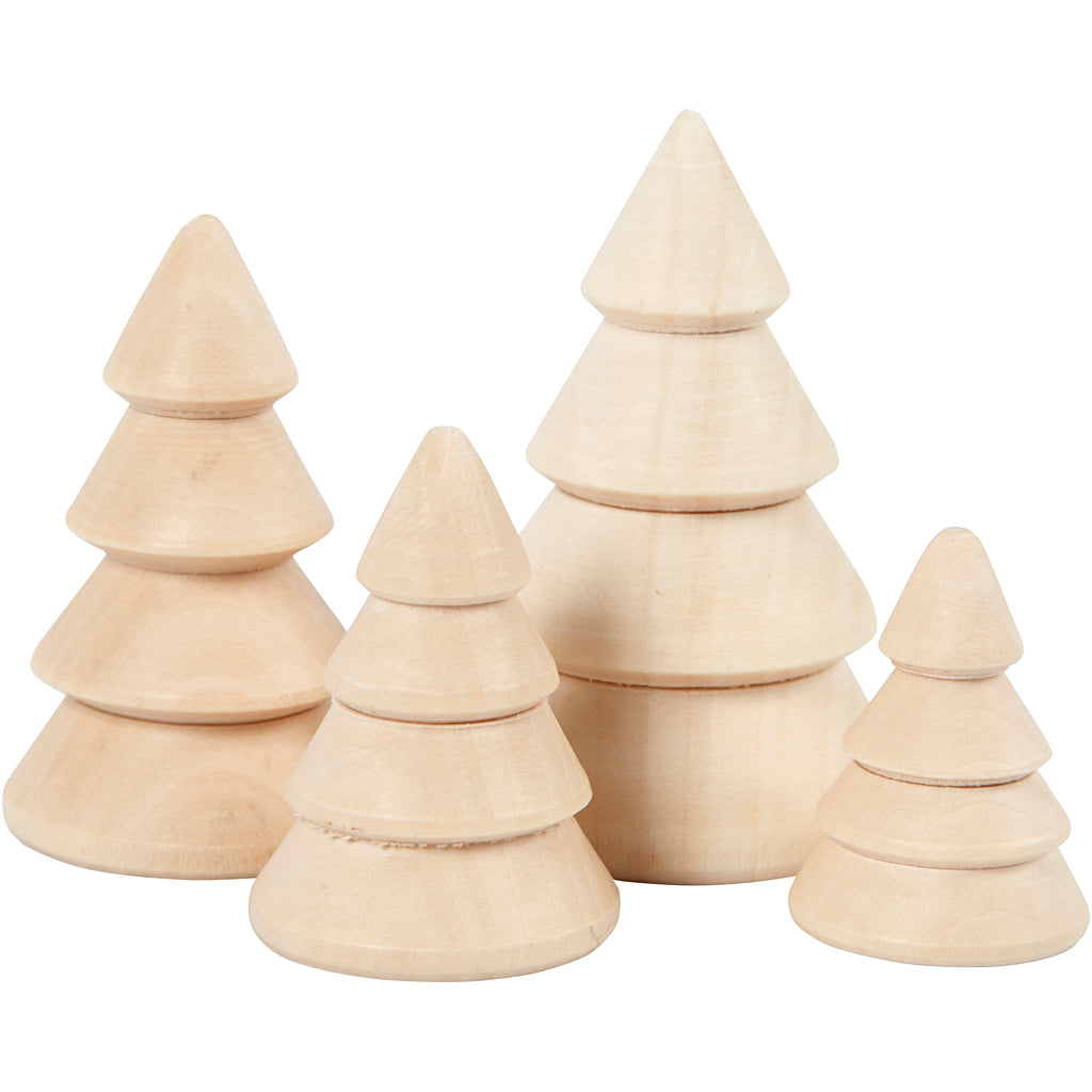 Christmas Trees, H: 3,3+4,3+5,3+6,3 cm, dia. 2,3+3+3,2+4 cm, 4 pc