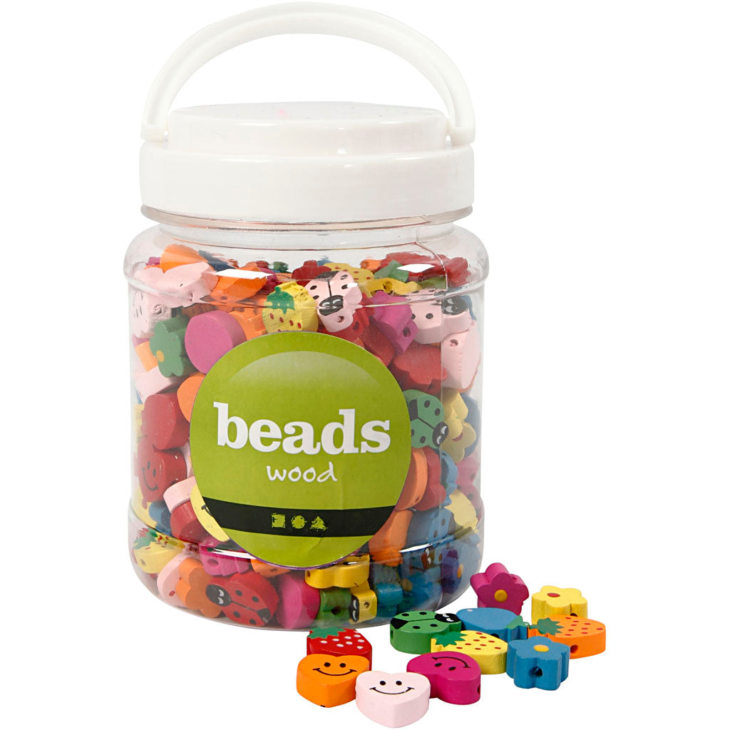 Shaped Wooden Beads, size 15-20 mm, hole size 1,5 mm, ca. 325 pc, 235 g, 700 ml/ 1 tub