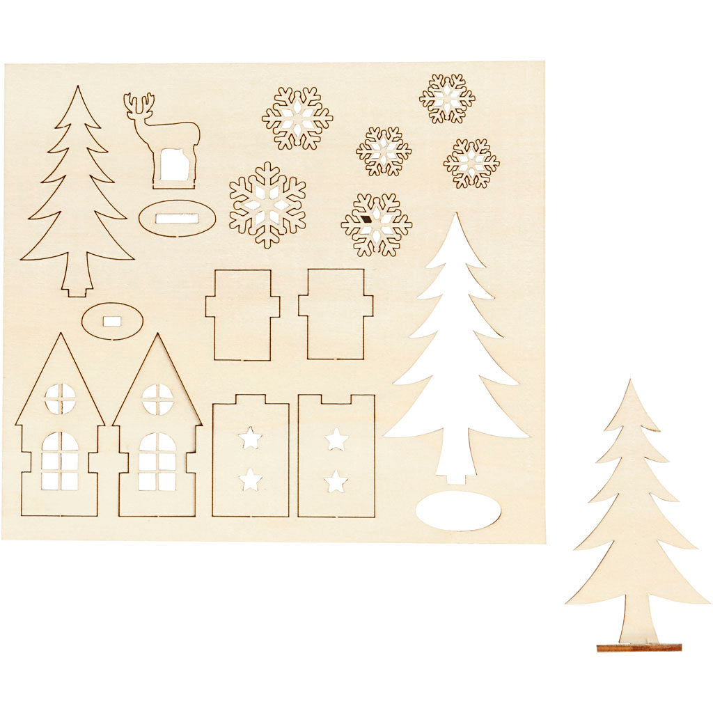 Self-Assembly Figures, house, tree, roe deer, L: 15,5 cm, W: 17 cm, thickness 3 mm, 1 pack