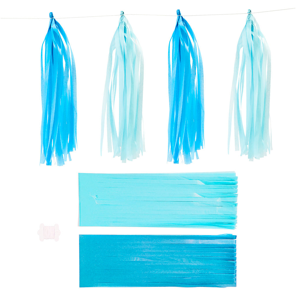 Paper Tassel, size 12x35 cm, 14 g, blue, light blue, 12 pc