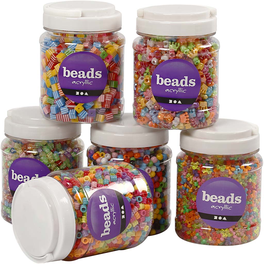 Bead Mix, size 7-10 mm, hole size 2-4 mm, ca. 2400 g, assorted colours, 6x700 ml