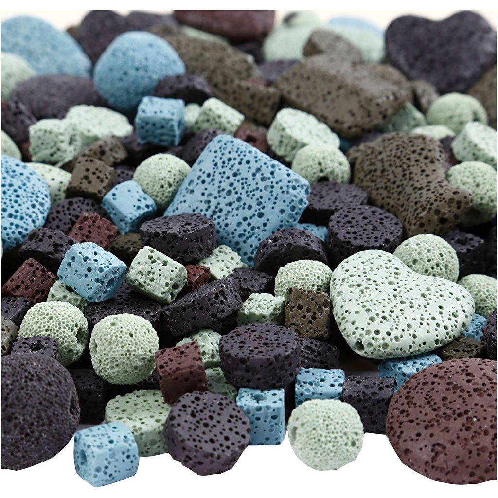 Lava Beads, size 6-37 mm, hole size 1+2 mm, Content may vary , ca. 890 pc, assorted colours, 20 strands