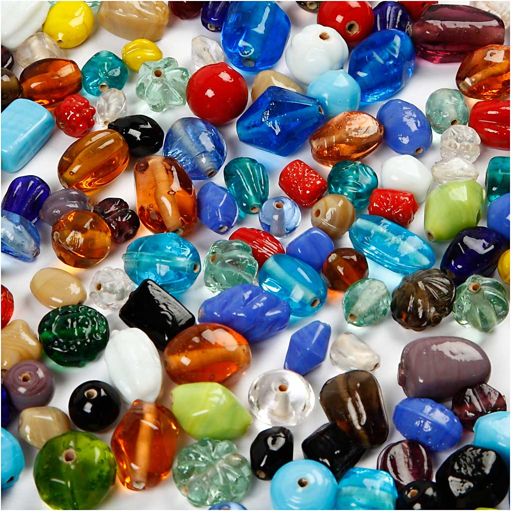 Glass Beads, size 7-18 mm, hole size 1 mm, ca. 600 pc, assorted colours, 1000 g