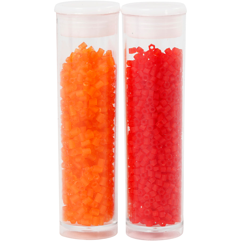 Rocaille Seed Beads 2-cut, dia. 1,7 mm, size 15/0, hole size 0,5 mm, transparent orange, transparent red, 2x7 g