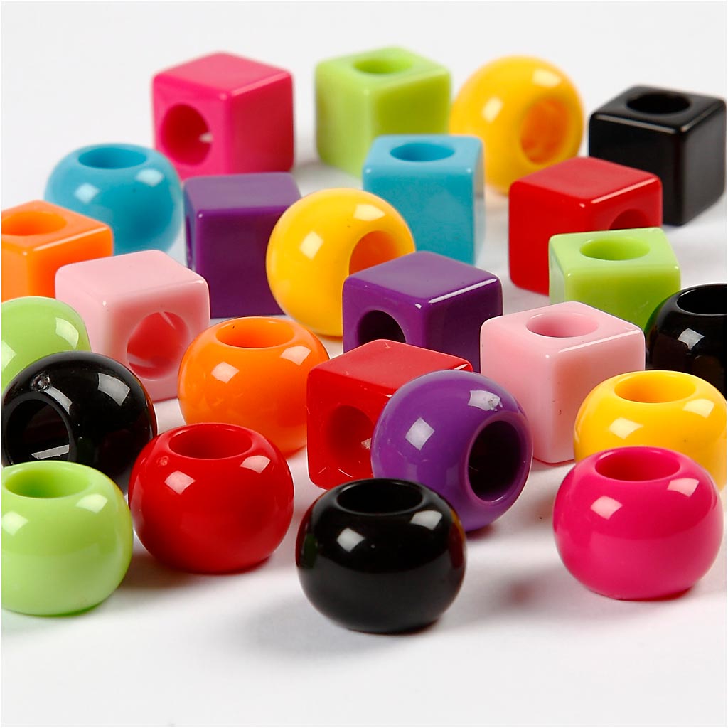 Plastic Beads, size 11 mm, hole size 7 mm, ca. 750 pc, assorted colours, 1000 g, 1700 ml