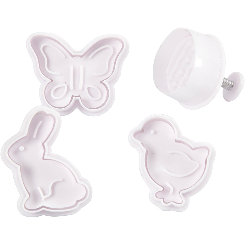 Embossing Cookie Cutters, Easter egg, hare, chicken, butterfly, H: 5 cm, white, 4 pc