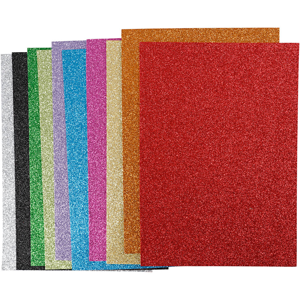 Glitter Foam Sheets, A4, sheet 210x297 mm, thickness 2 mm, glitter, assorted colours, 10 ass sheets