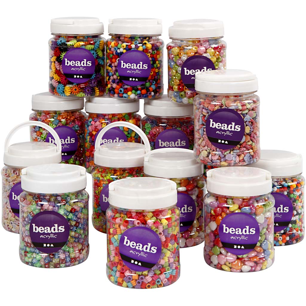 Plastic Beads, size 6-15 mm, hole size 1,5-6 mm, assorted colours, 16x700 ml