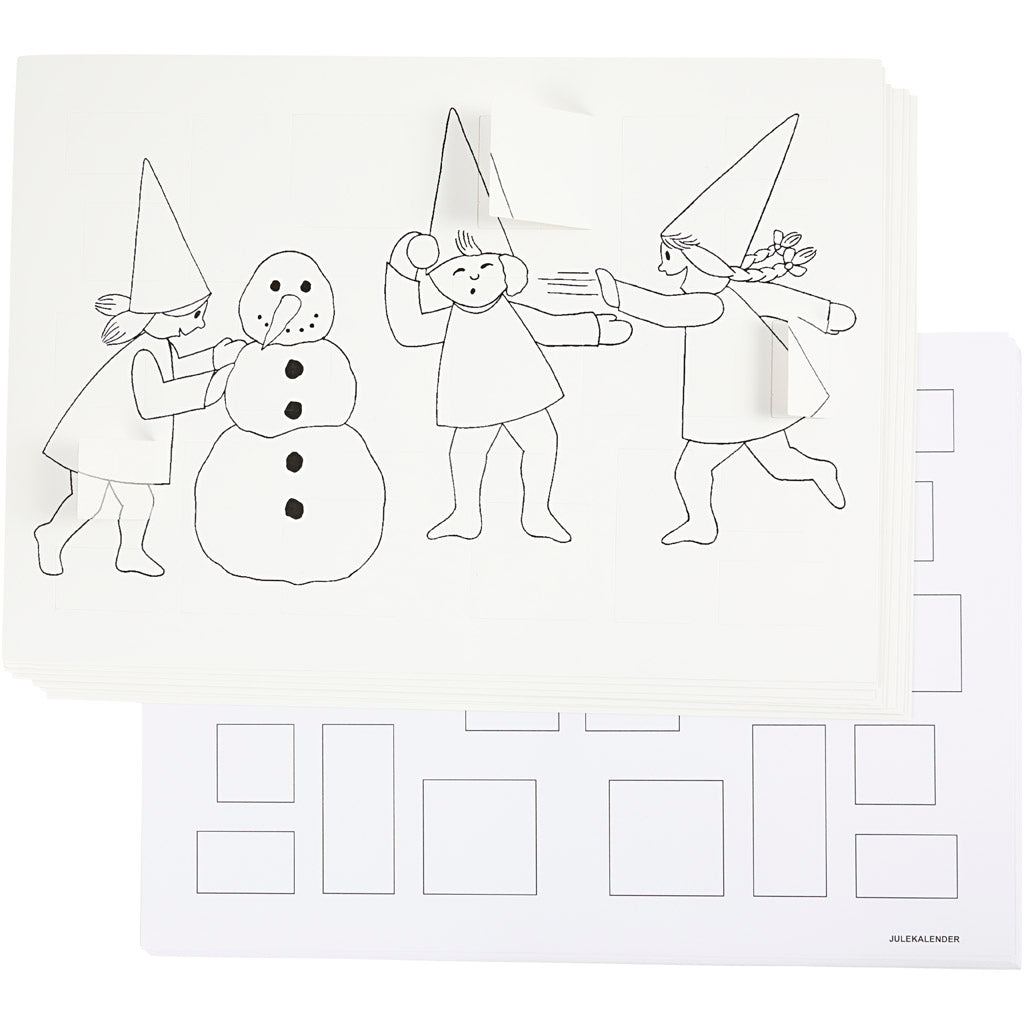 Advent calendar with elves having a snowball fight , A3, size 30x42 cm, white, 30 pc