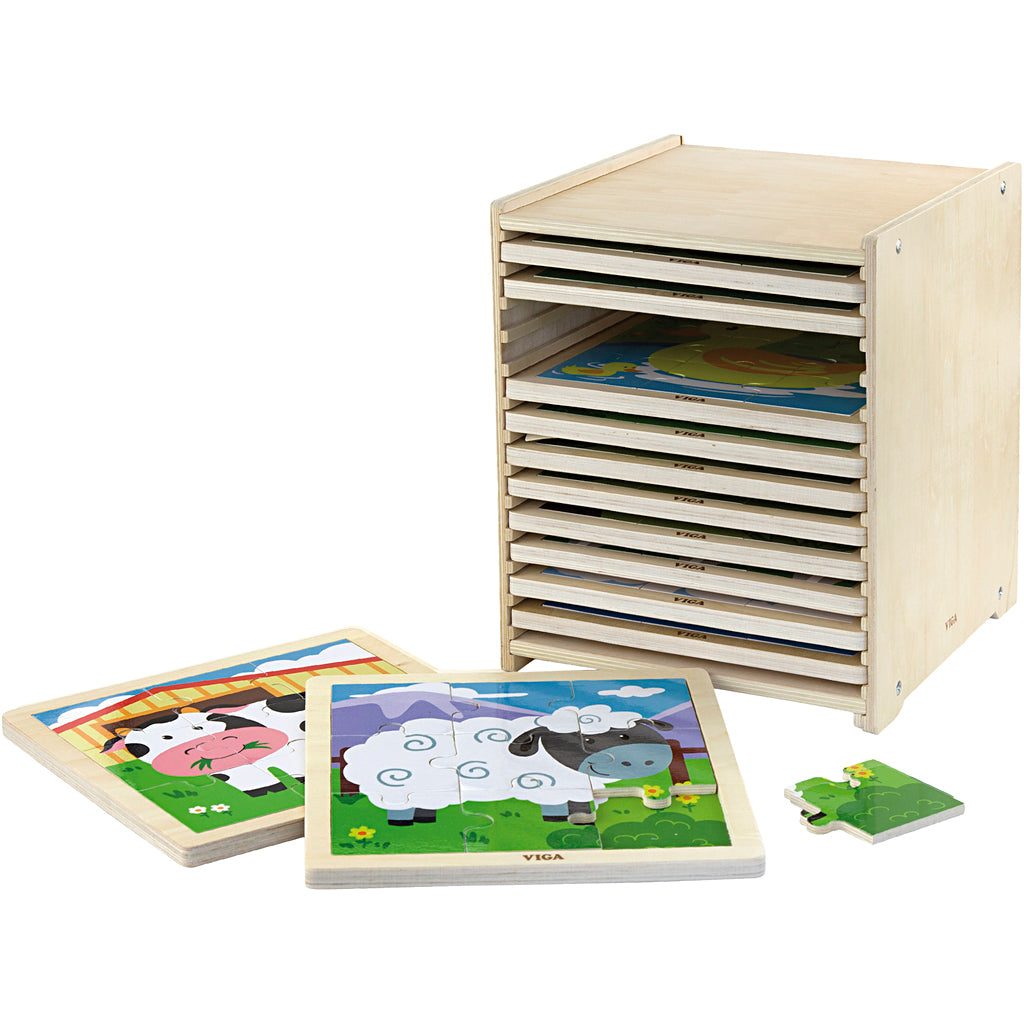 VIGA jigsaw puzzle rack with 12 puzzles, size 23x27,5x23,5 cm, 12X9 puzzle pieces, 12 parts/ 1 set