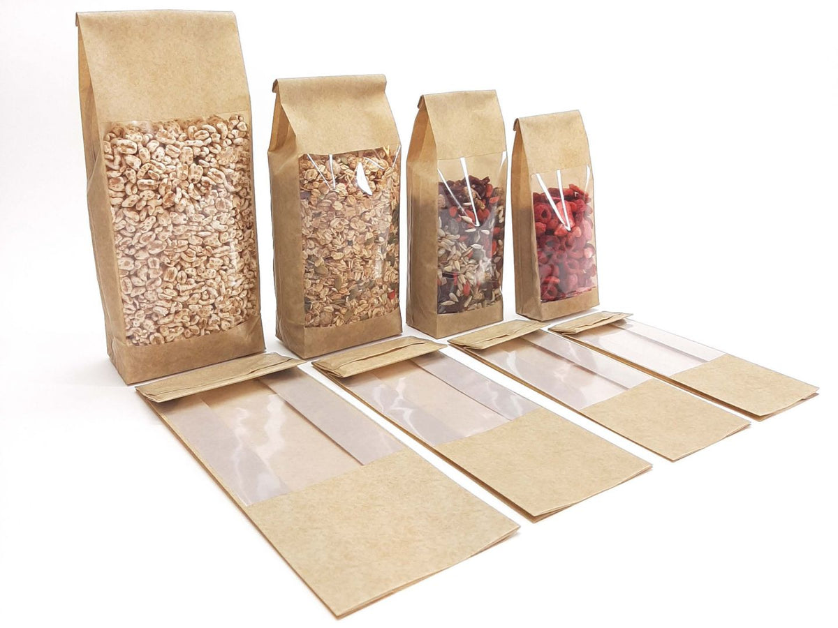 Block bottom bag brown Kraft look 60my+window 12+7x33cm (50 pcs)
