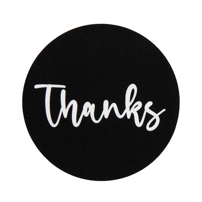 Stickers Round Thanks (Black w/ White Text) 5,1 cm (1 Sheet)