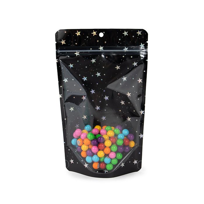 Stand Up Pouches transparent/Black Holographic Stars 13x7,9x20,6 cm