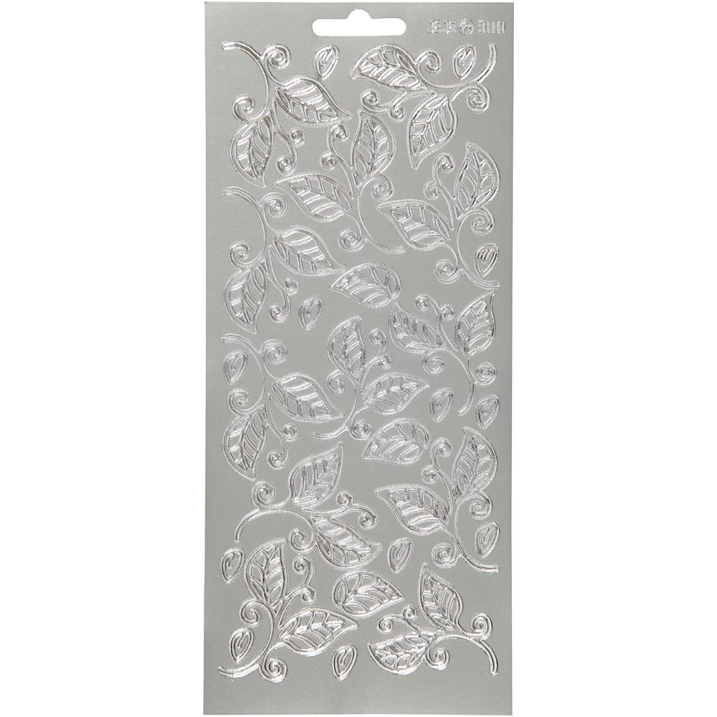 Stickers, leaves, sheet 10x23 cm, silver, 1 sheet