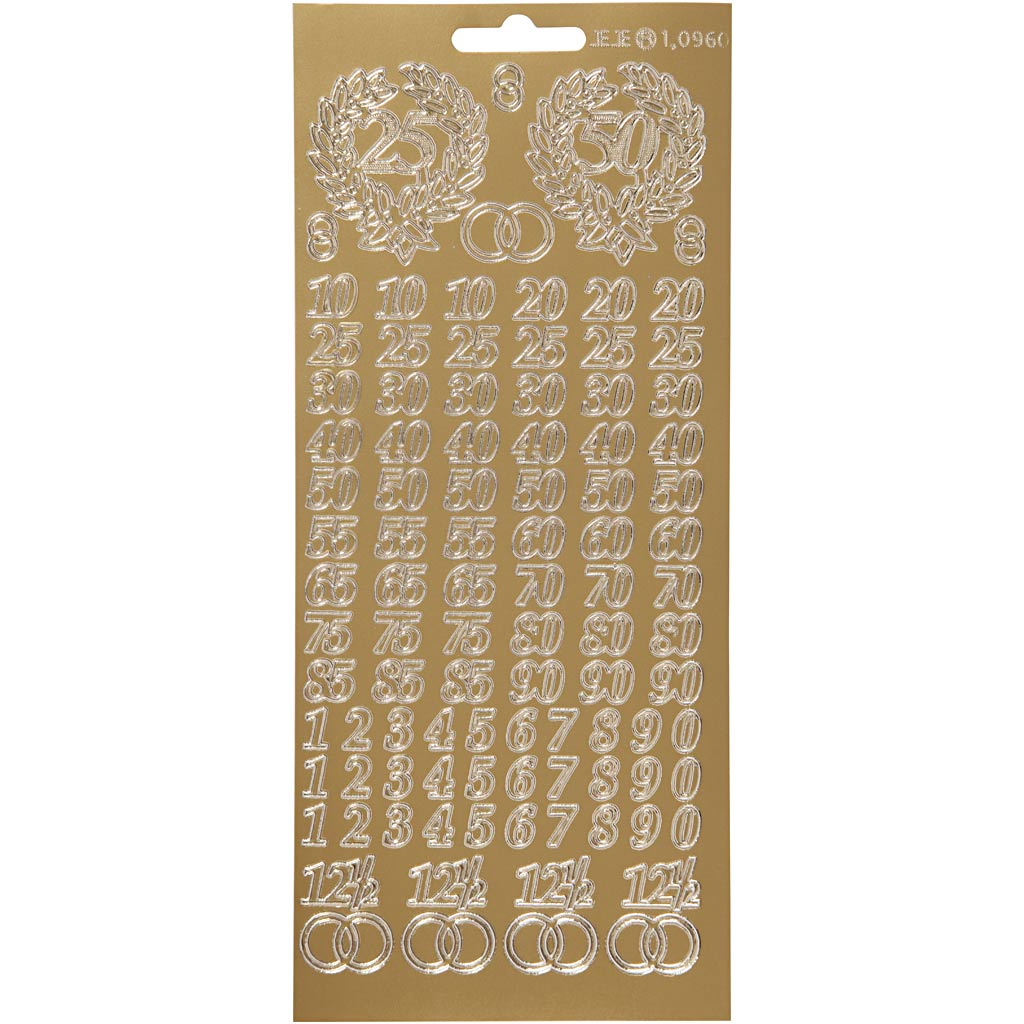 Stickers, jubilee numbers, sheet 10x23 cm, gold, 1 sheet