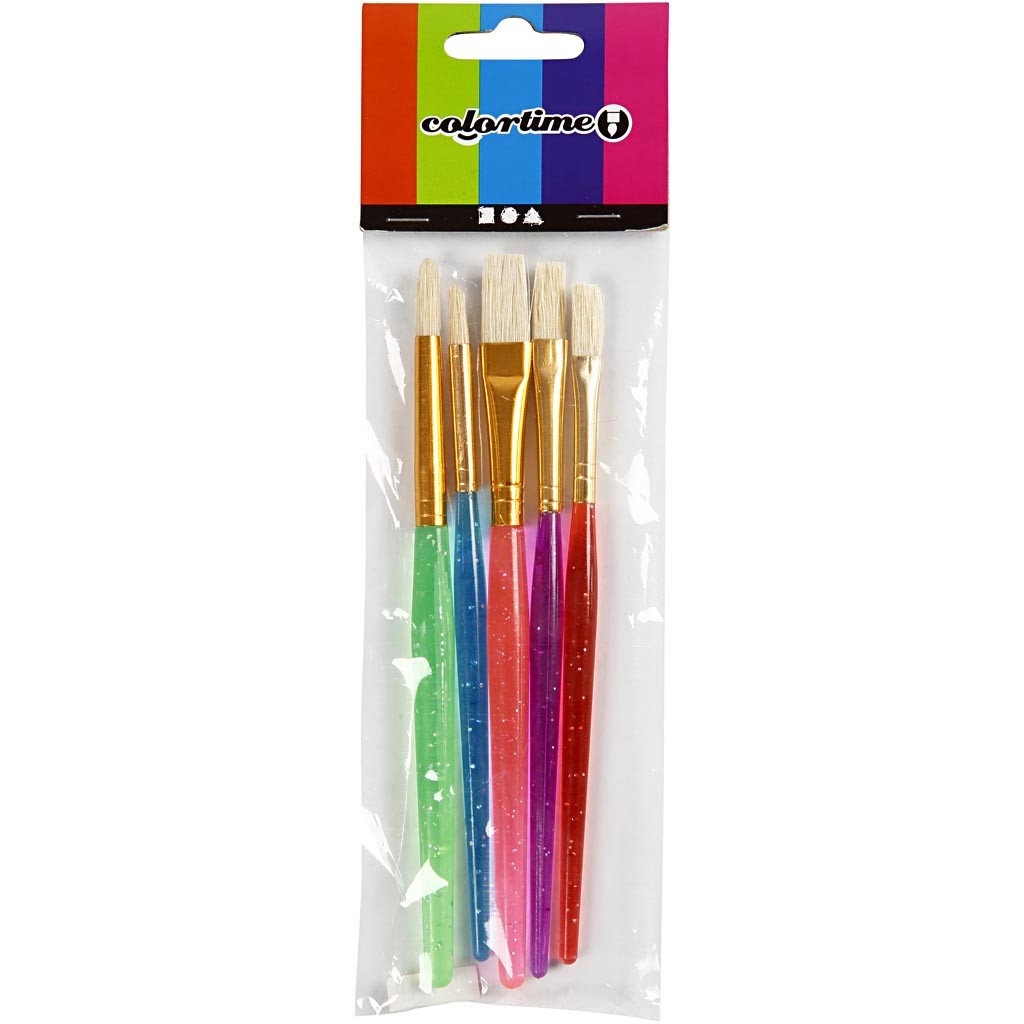 Kids Paint Brushes, no. 8+12+18, L: 14-16 cm, W: 5-10 mm, flat,round, assorted colours, 5 pc/ 1 pack [HOB-10344]