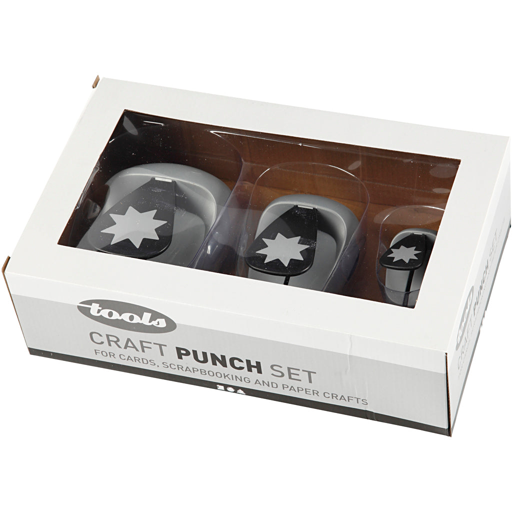 Craft Punch Set, grafical star, size 25+50+75 mm, 3 pc/ 1 pack [HOB-112781]