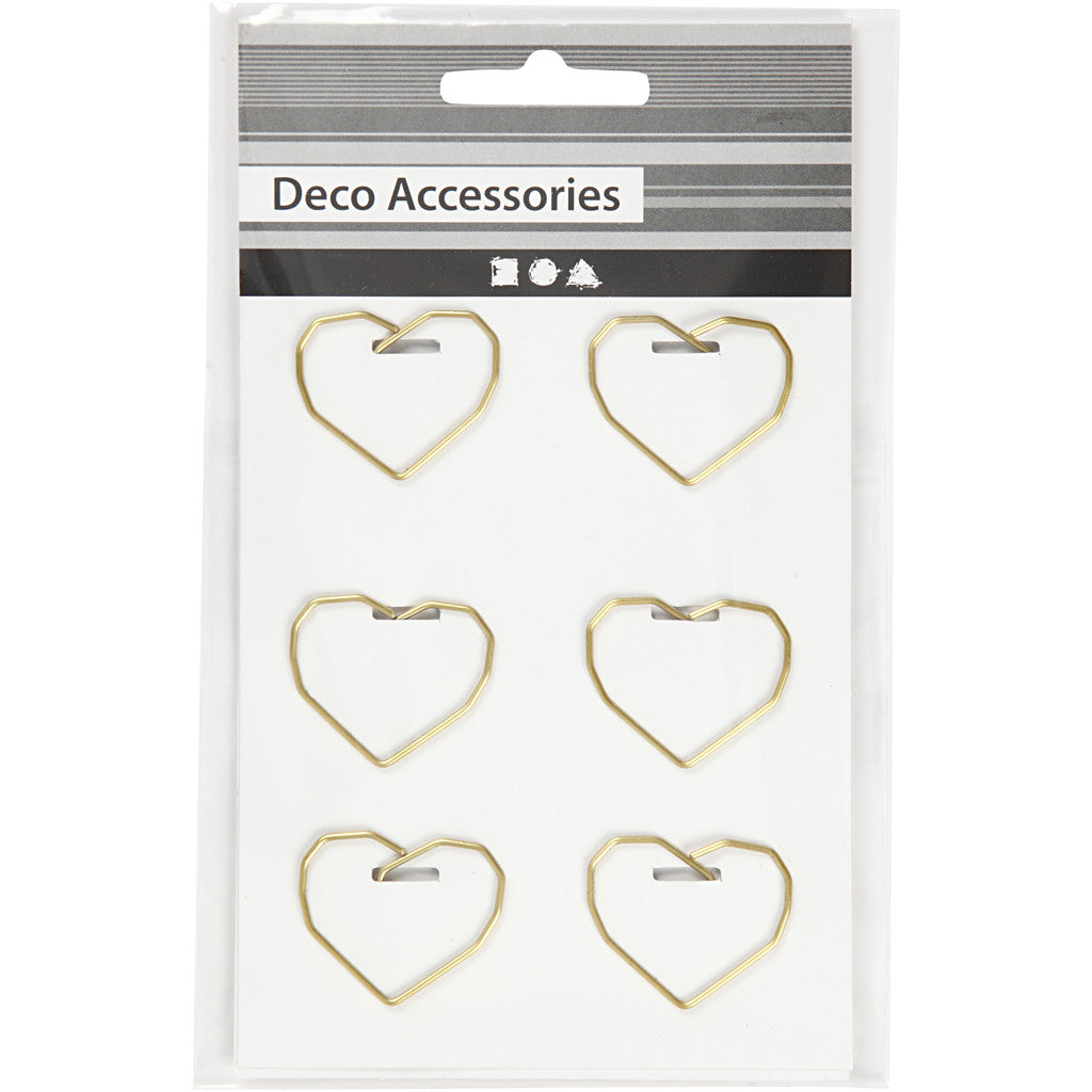 Metal Paperclips, heart, size 30x20 mm, gold, 6 pc/ 1 pack [HOB-14210]