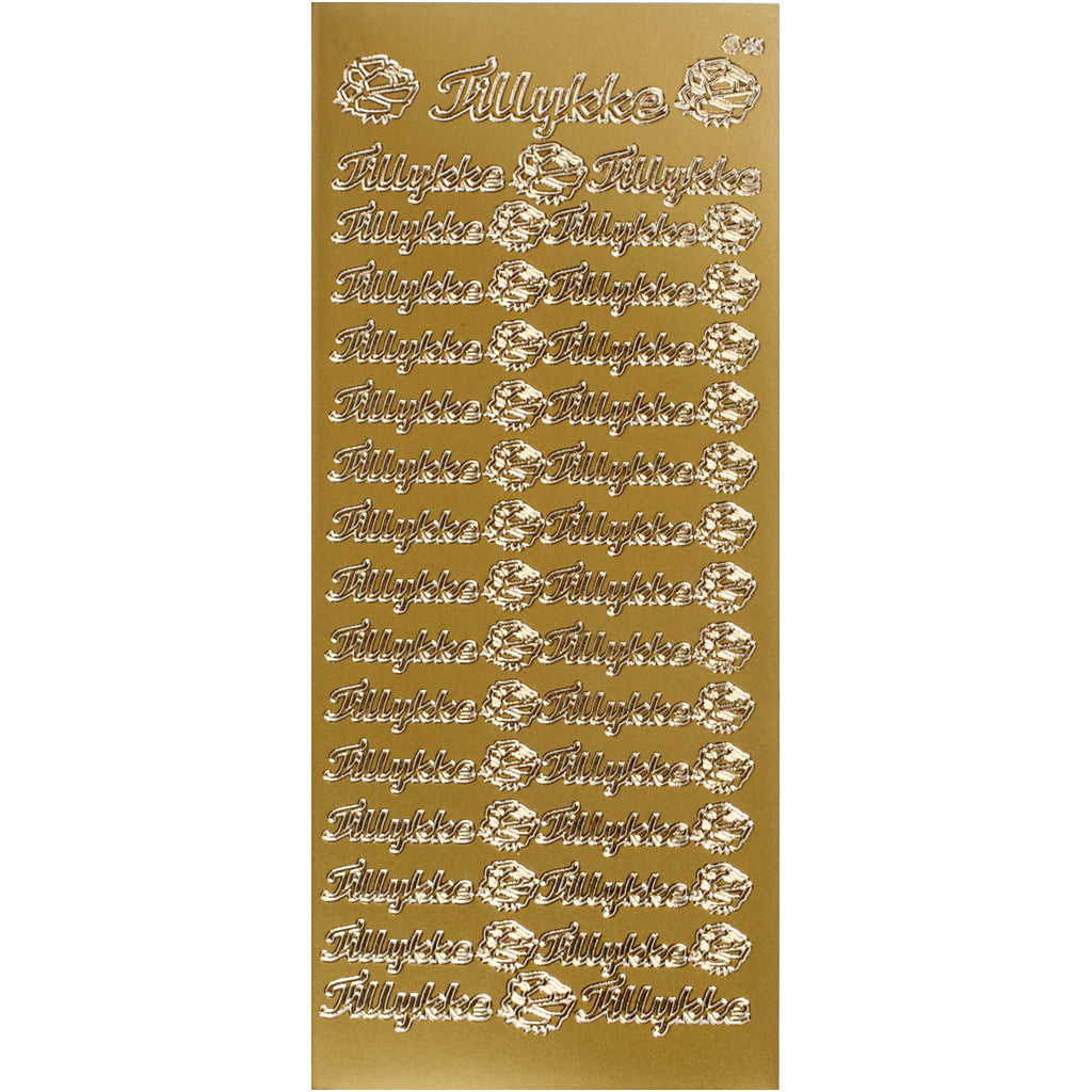 Stickers, tillykke, sheet 10x23 cm, gold, 1 sheet [HOB-170271]