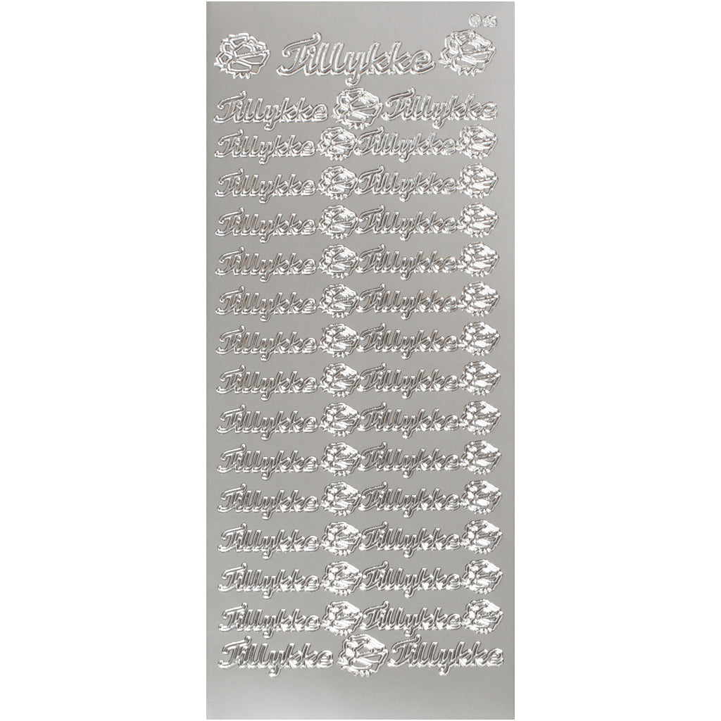 Stickers, tillykke, sheet 10x23 cm, silver, 1 sheet [HOB-170272]