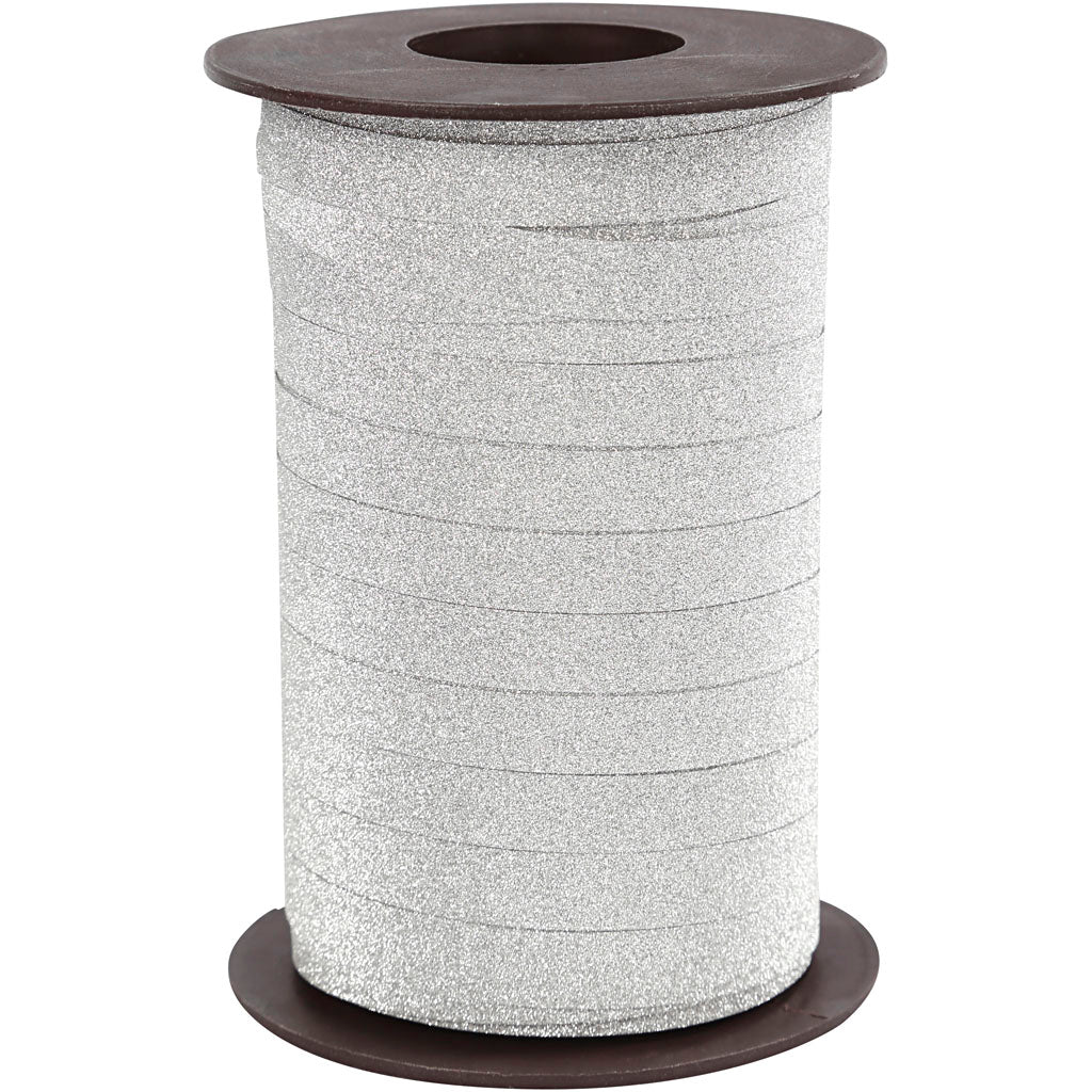 Curling Ribbon, W: 10 mm, glitter, silver, 100 m