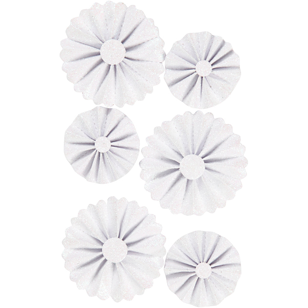 Paper Rosettes, dia. 35+50 mm, white glitter, 6 pc