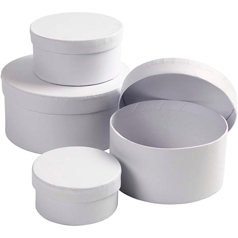 Round Boxes, H: 4+5+6+7 cm, dia. 8+10+12+14 cm, white, 4 pc/ 1 set