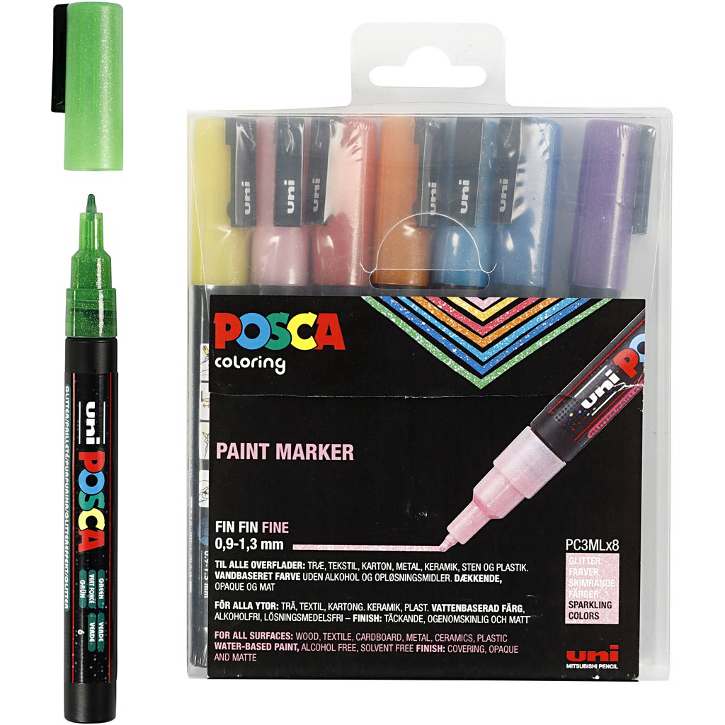 Posca Marker, no. PC-3ML, line 0,9-1,3 mm, glitter colours, 8 pc/ 1 pack [HOB-274899]