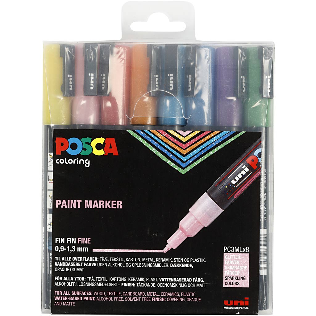 Posca Marker, no. PC-3ML, line 0,9-1,3 mm, glitter colours, 8 pc/ 1 pack [HOB-274899]