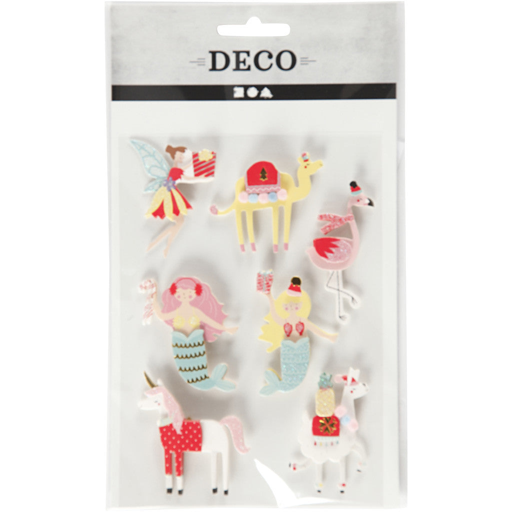 3D Stickers, flamingo, llama, mermaid, H: 50-60 mm, W: 30-45 mm, thickness 7 mm, 7 pc/ 1 pack [HOB-27695]