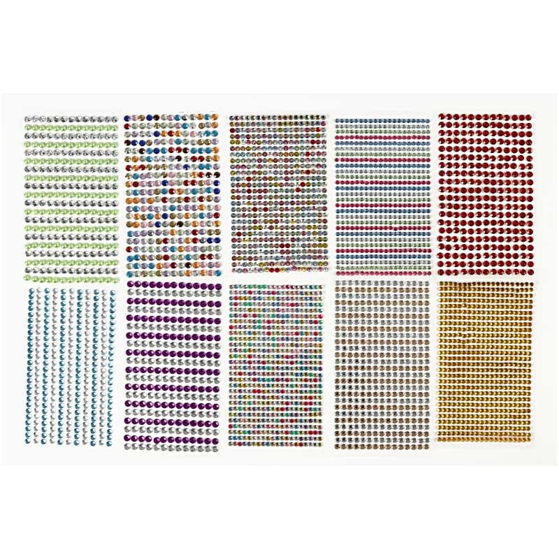 Rhinestones, dia. 4-6 mm, sheet 16x9,5 cm, assorted colours, 10 sheet/ 1 pack [HOB-28303]