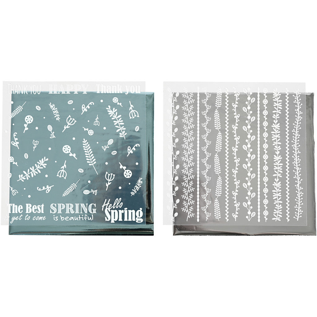 Deco Foil and transfer sheet, Spring flowers, sheet 15x15 cm, silver, turquoise, 2x2 sheet/ 1 pack [HOB-283554]
