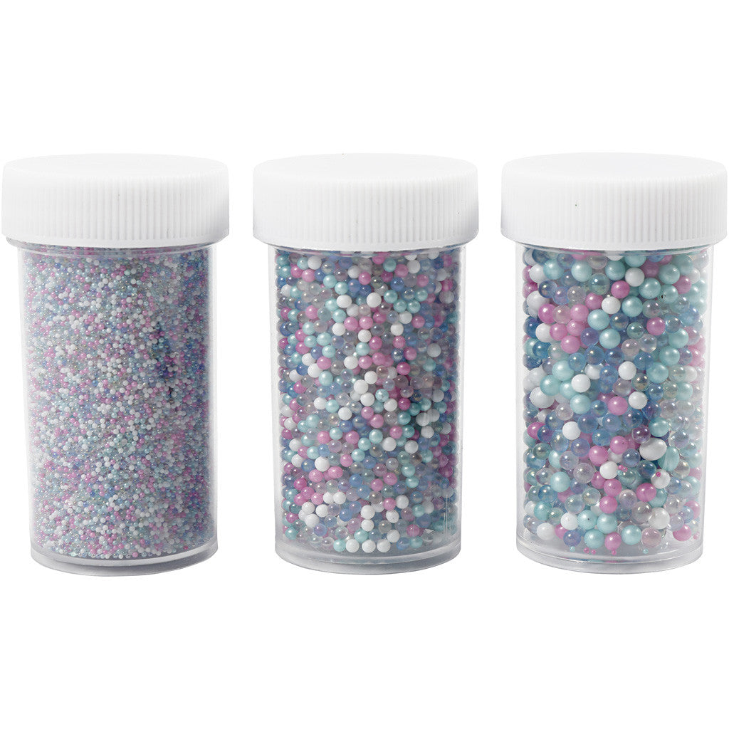 Mini Glass Beads, size 0,6-0,8+1,5-2+3 mm, pastel colours, 3x45 g/ 1 pack [HOB-28386]
