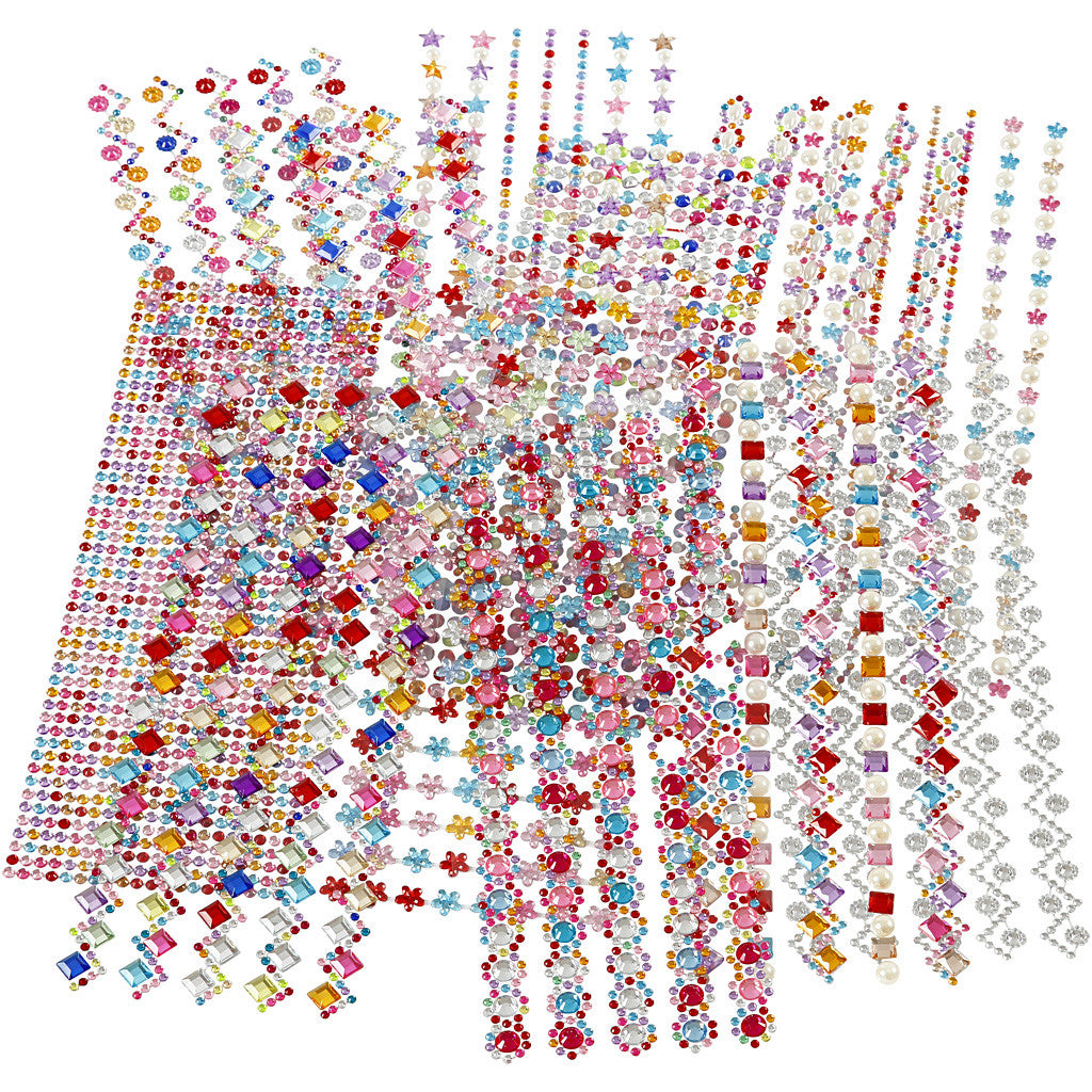 Rhinestones, dia. 2-10 mm, sheet 27x9 cm, Content may vary , 12 ass sheets/ 1 pack [HOB-28402]